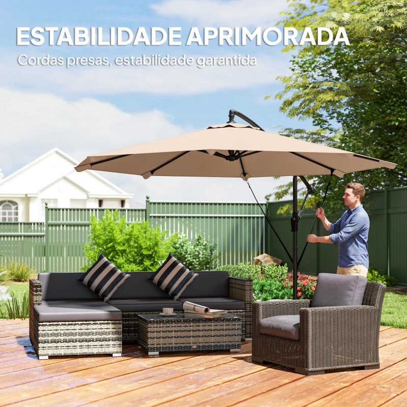 Outsunny Chapéu de Sol Excêntrico Ø300 cm com Base Cruzada Manivela Capa Protetora e Cordas de Vento Cáqui