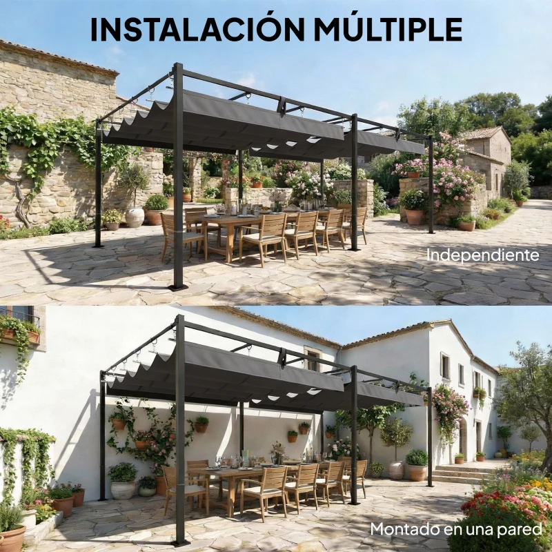 Outsunny Pérgola de Jardín 6x3 m con Techo Retráctil Protección UPF50+ Drenaje Cenador de Jardín para Patio Exterior Gris Oscuro