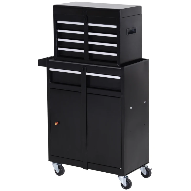 DURHAND Tool Chest 2 in 1 Metal Tool Cabinet Storage Box with 5 Drawers Pegboard Wheels 60x28x104.5cm Black