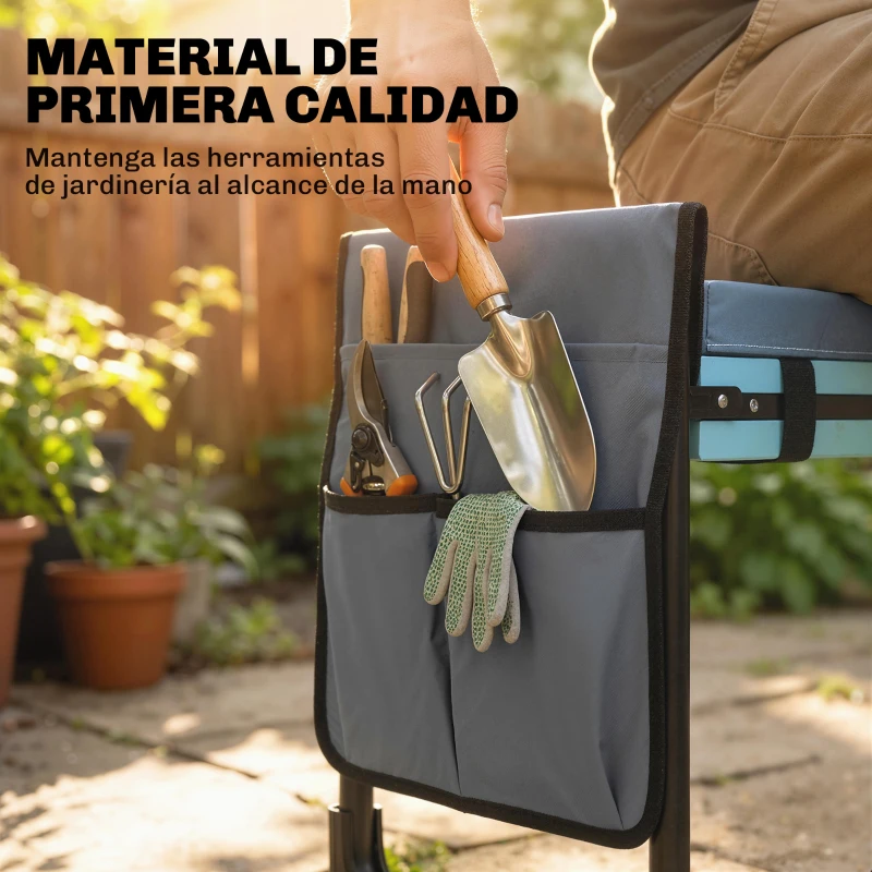 Outsunny Taburete de Jardín Plegable con Almohadilla de Espuma EVA Asiento de Jardín con Bolsa para Herramientas Gris Oscuro