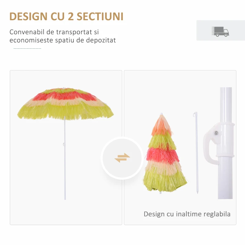 Outsunny Umbrelă Hawaiană Portabilă, Acoperitoare Ø160cm, Impermeabilă, Înălțime până la 180cm