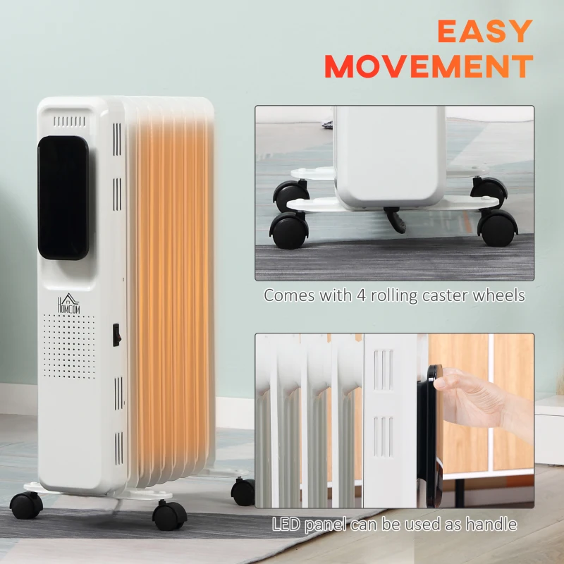 HOMCOM 2180W Oil Filled Radiator with 3 Power Settings, 9 Fin Portable Electric Heater with Adjustable Thermostat, 24H Timer, Safety Cut-off, LED Display, Remote, White