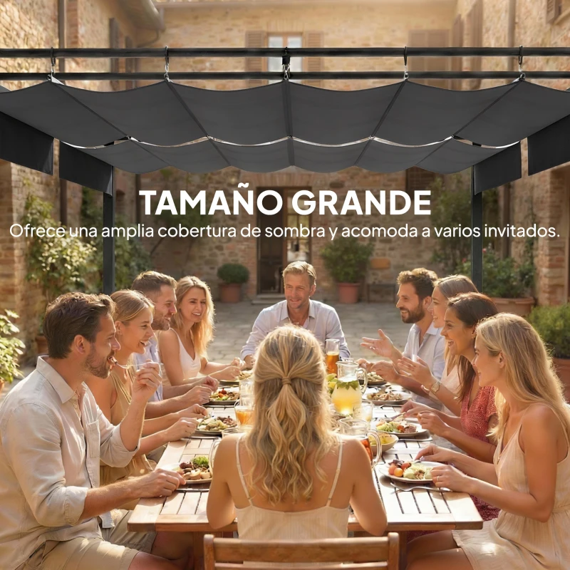 Outsunny Pérgola de Jardín 6x3 m con Techo Retráctil Protección UPF50+ Drenaje Cenador de Jardín para Patio Exterior Gris Oscuro