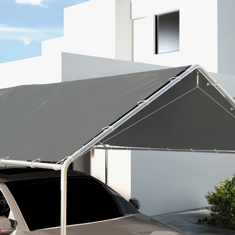 Outsunny Acoperiș de Carport 10 x 20ft, Prelată Rezistentă la UV cu Corzi Elastice, Gri Închis