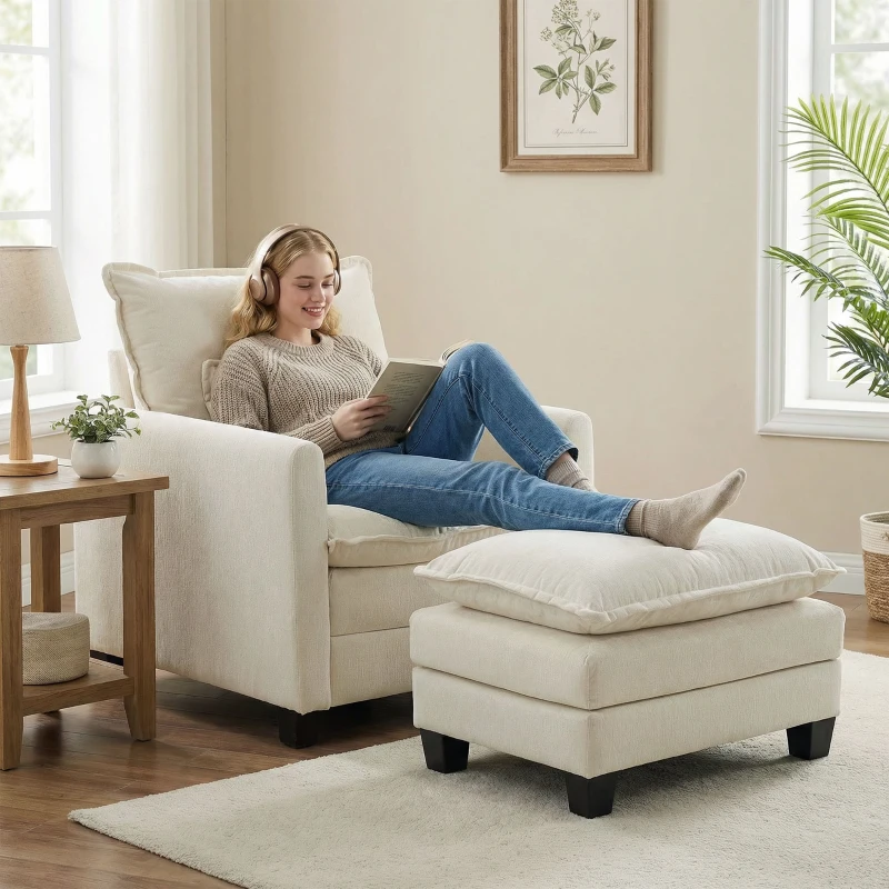 HOMCOM Wohnzimmersessel mit Fußhocker, 1-Sitzer Sofa aus Chenille, breite Sitzfläche, doppellagige Polsterung, 85x128x86cm, Creme