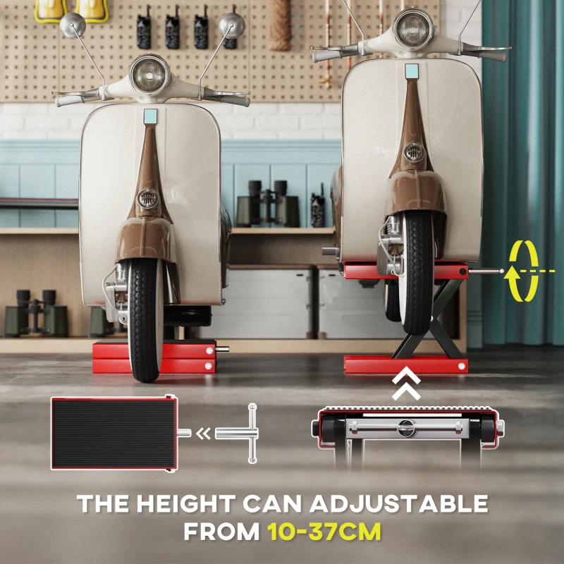 DURHAND 500KG Motorcycle Scissor Lift Jack, Height Adjustable Motorbike Stand with Anti-Slip Wide Deck, Heavy Duty Steel Motorbike Repair Lift Hoist Stand for Home Garage, Red