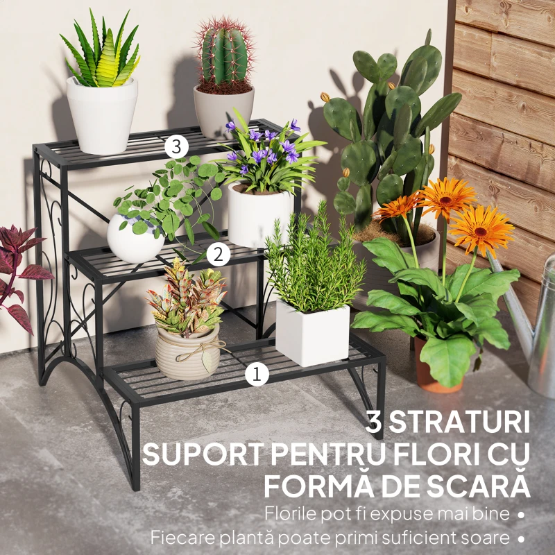 Outsunny Etajeră-suport pentru plante, cu 3 niveluri, în formă de scară, pentru interior și exterior, din metal, 60x60x60 cm, negru