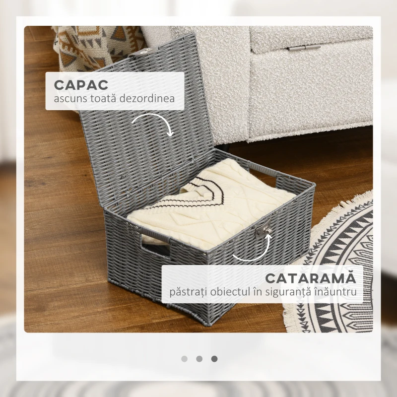 HOMCOM Set de 3 cosuri din rachita PP cu capac, containere dreptunghiulare de diferite dimensiuni, gri