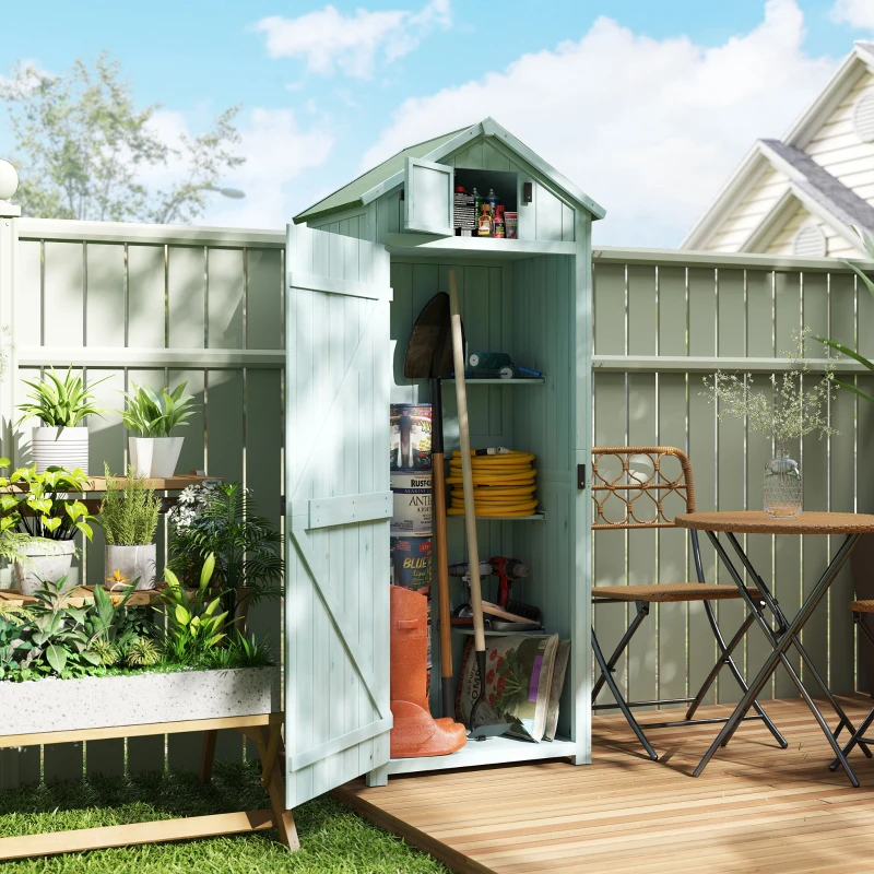 Outsunny Garden Shed Vertical Utility 3 Shelves Shed Wood Outdoor Garden Tool Storage Unit Storage Cabinet, 77 x 54.2 x 179cm - Blue