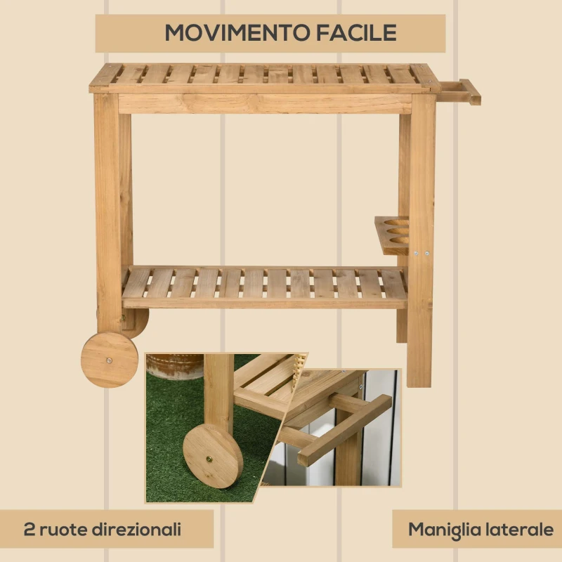 Outsunny Carrello Portavivande da Giardino in Legno con 2 Ripiani e Portabottiglie, 95x47x74 cm, Color Legno