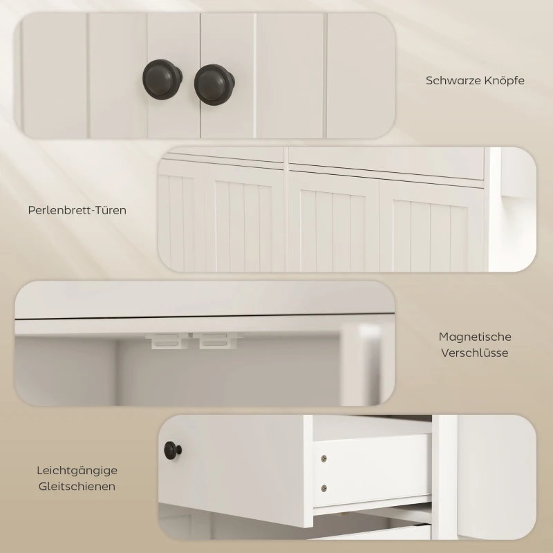 HOMCOM Rollbare Kücheninsel, 2 Schubladen, 2 Schränke, verschiebbar, Gewürzregal, Handtuchhalter, Messerhalter, MDF, Weiß