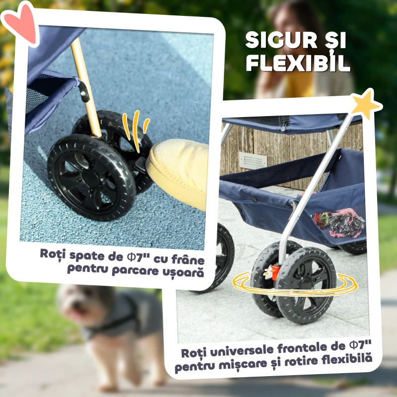 PawHut Cărucior pentru Animale de Companie 3 în 1 cu 4 Roți și Geantă de Transport Detașabilă, 76x50x102 cm, Albastru