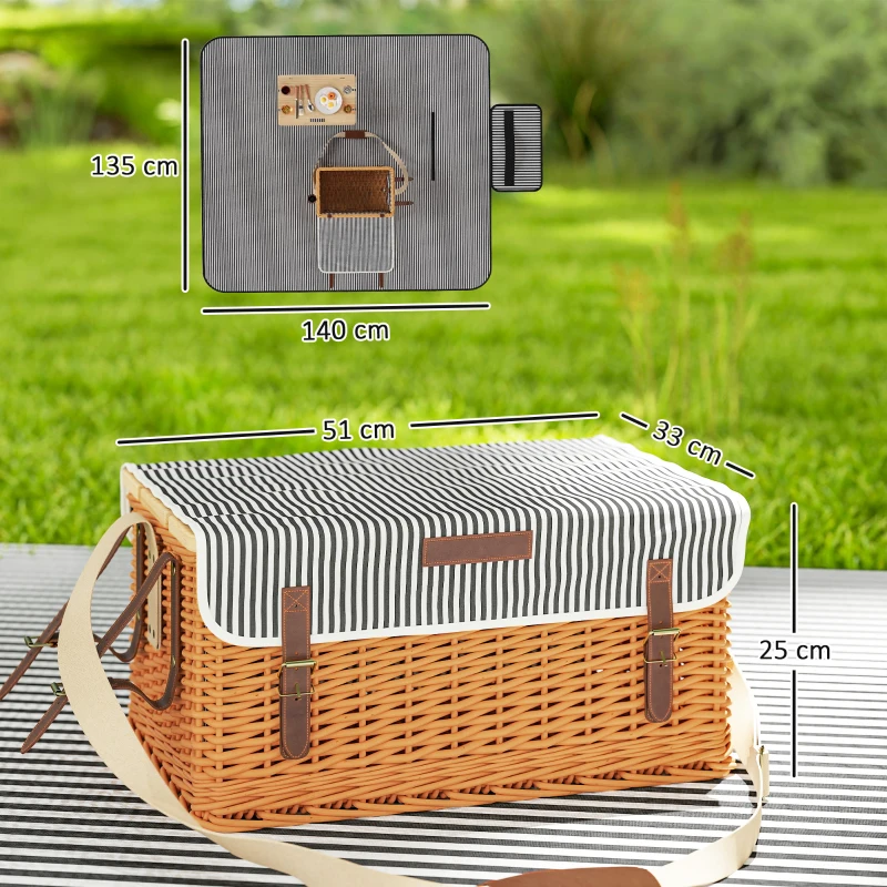 Outsunny Cesta da Pic Nic per 4 Persone con Tavolino e Cavatappi, in Vimini, 51x33x25 cm, Marrone Chiaro