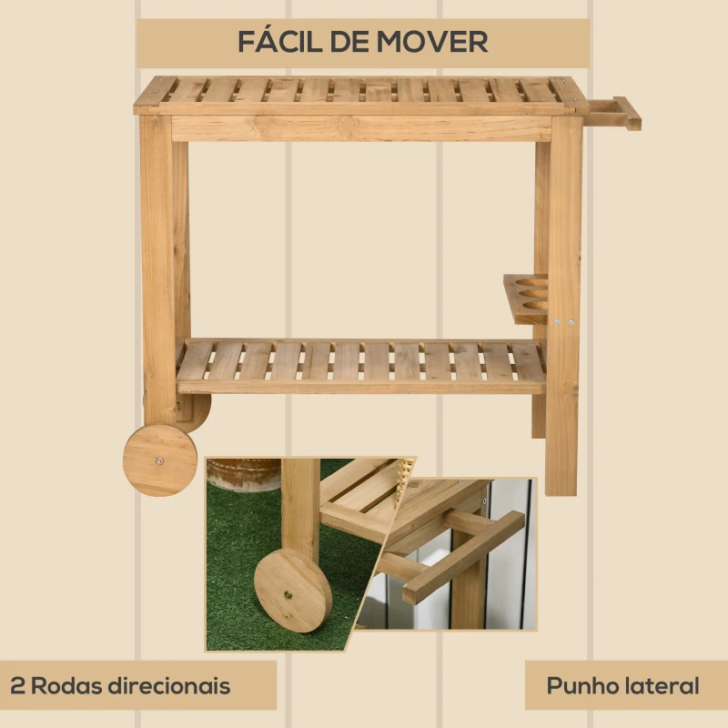 Outsunny Carrinho de Madeira Exterior com 2 Níveis Alça Lateral 3 Suportes para Garrafas e 2 Rodas 95x47x74 cm Madeira