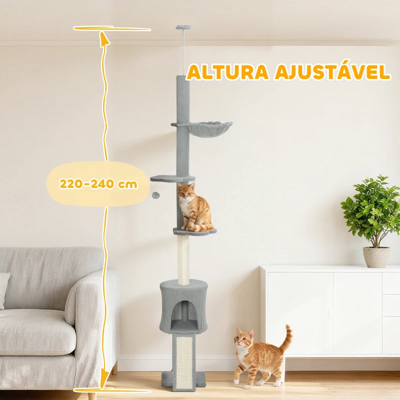 PawHut Arranhador para Gatos de Chão a Teto com Altura Ajustável de 220-240 cm Rede Plataformas em Flor Cavernas Rampa e Bola Cinza
