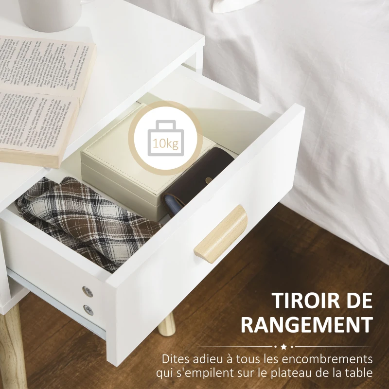 HOMCOM Lot de 2 tables de chevet, table de nuit moderne avec tiroir et pieds en bois massif, 40,5 x 30,5 x 60 cm, blanc