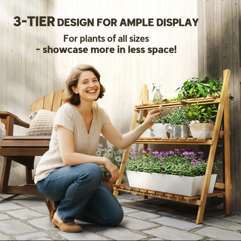 Outsunny Wooden Folding Flower Pot Stand 3 Tier Garden Planter Display Ladder Gardener Storage Shelves Rack Herb Holder (80L x 37W x 93H (cm))