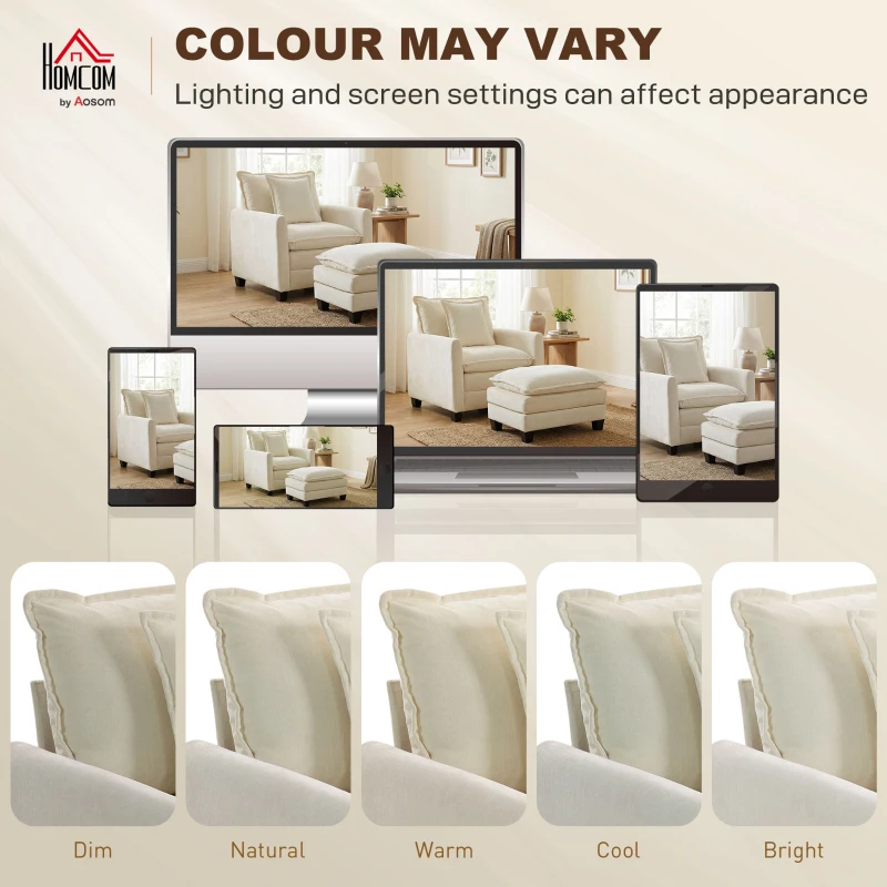 HOMCOM Poltrona da salotto con poggiapiedi in chenille e seduta imbottita, 85x128x86 cm, Crema