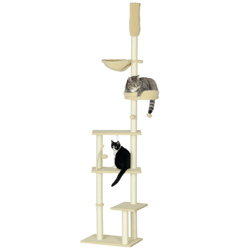 PawHut IE Located Floor to Ceiling Cat Tree, Adjustable Height, Cat Climbing Tower with Carpeted Platforms, Cozy Bed, Hammock, Scratching Posts, Toy Balls, Activity Center for Kittens, Beige