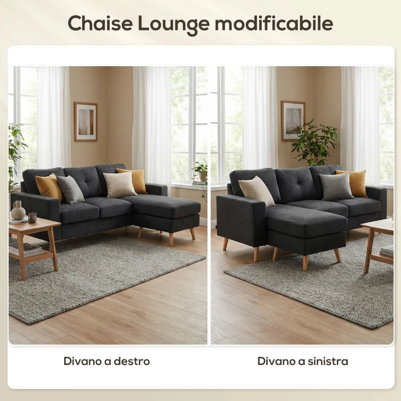 HOMCOM Divano 3 Posti ad Angolo con Penisola Reversibile e Cuscini, in Tessuto Effetto Lino, 193x136x85 cm, Nero
