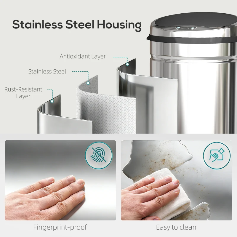 HOMCOM 42L Stainless Steel Sensor Bin - Silver Tone