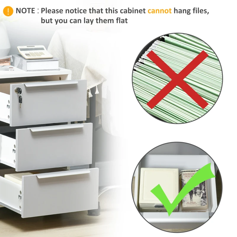 HOMCOM 3-Drawer Locking File Cabinet Mobile Chest of Drawers Side Table on Wheels for Home Office, Bedroom and Living room