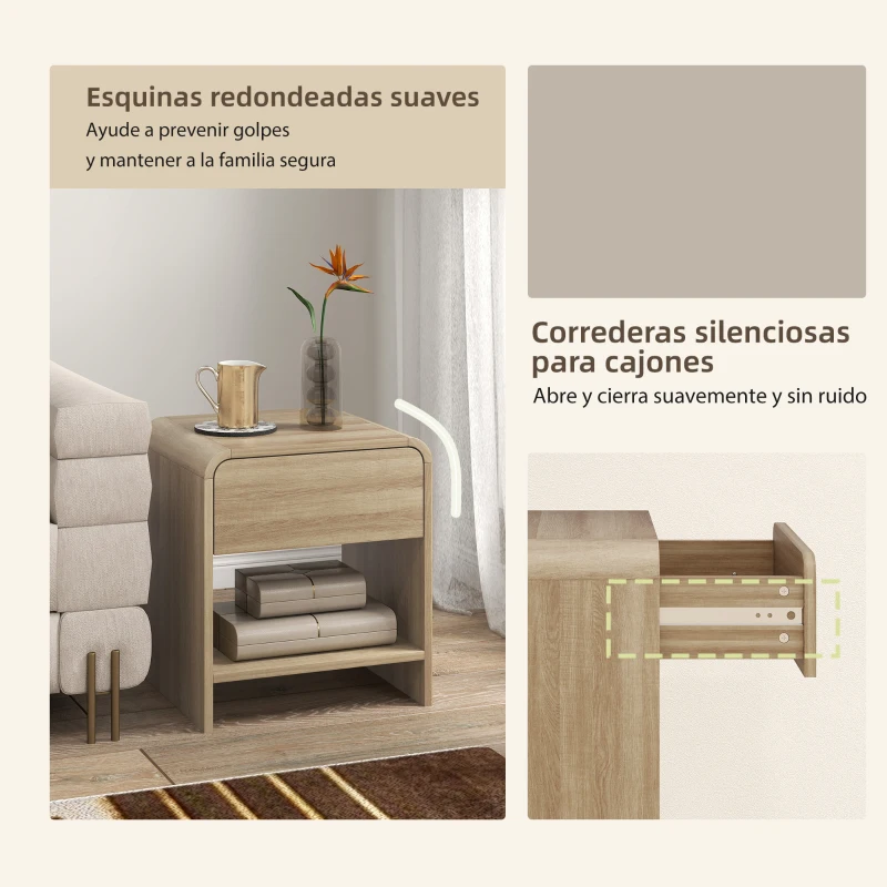HOMCOM Juego de 2 Mesitas de Noche Nórdicas con Esquinas Redondeadas Cajón y Estante Abierto 40x35x45 cm Natural