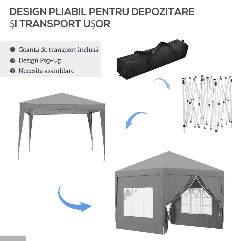 Outsunny Foișor de Exterior 3x3 m Pliabil cu 4 Panouri Laterale, din Oțel și Material Oxford, Gri Deschis
