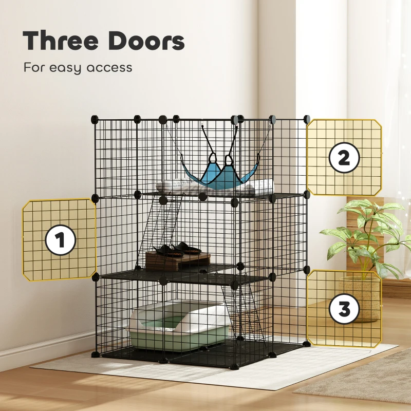 PawHut Indoor Cat Cage DIY Customizable 3-Tier Indoor Cat Enclosure with 3 Doors and Hammock 105 cm Black
