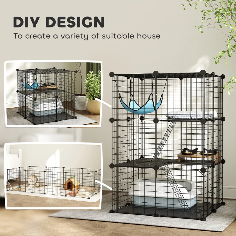 PawHut Indoor Cat Cage DIY Customizable 3-Tier Indoor Cat Enclosure with 3 Doors and Hammock 105 cm Black
