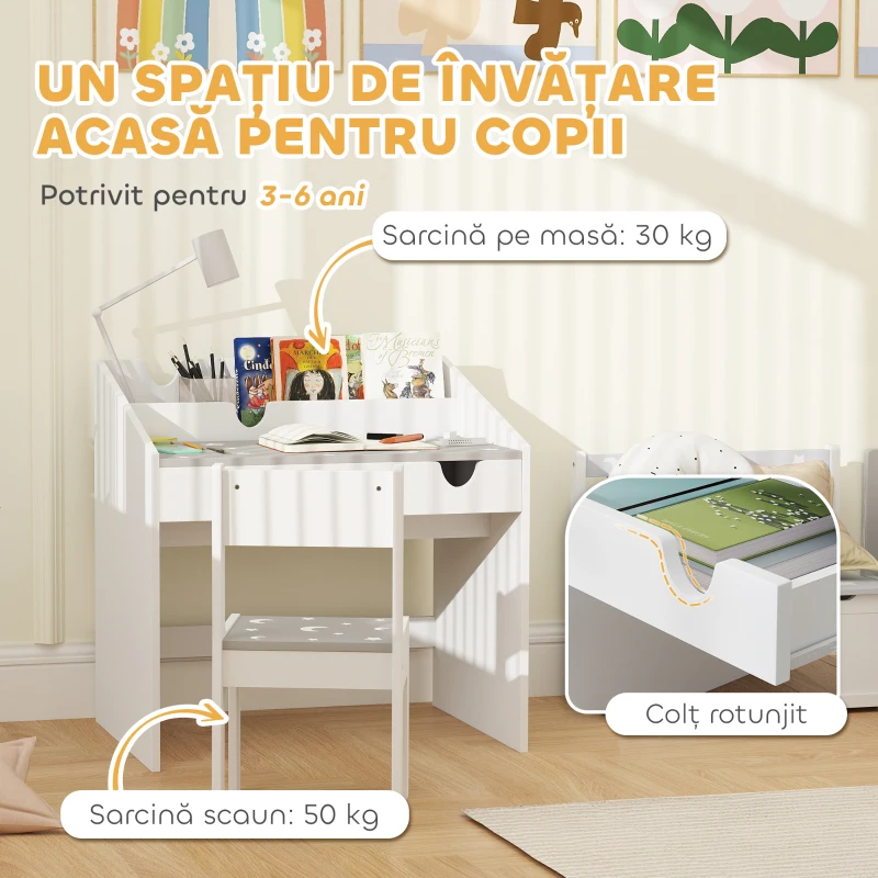 AIYAPLAY Set Masă și Scaun pentru Copii 3-6 Ani cu Organizator și Sertar Glisant, din Lemn Gri