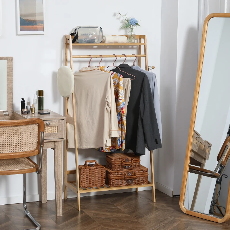 HOMCOM Bamboo Clothes Rack with 2 Shelves 2 Hooks and 1 Hanging Rail - 82 x 36.8 x 140 cm