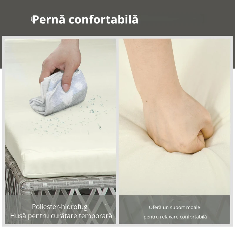 Outsunny Set din Sezlong rattan din PE si masuta de cafea, sezlong de gradina cu spatar reglabil pe 5 niveluri, 2 roti, gri