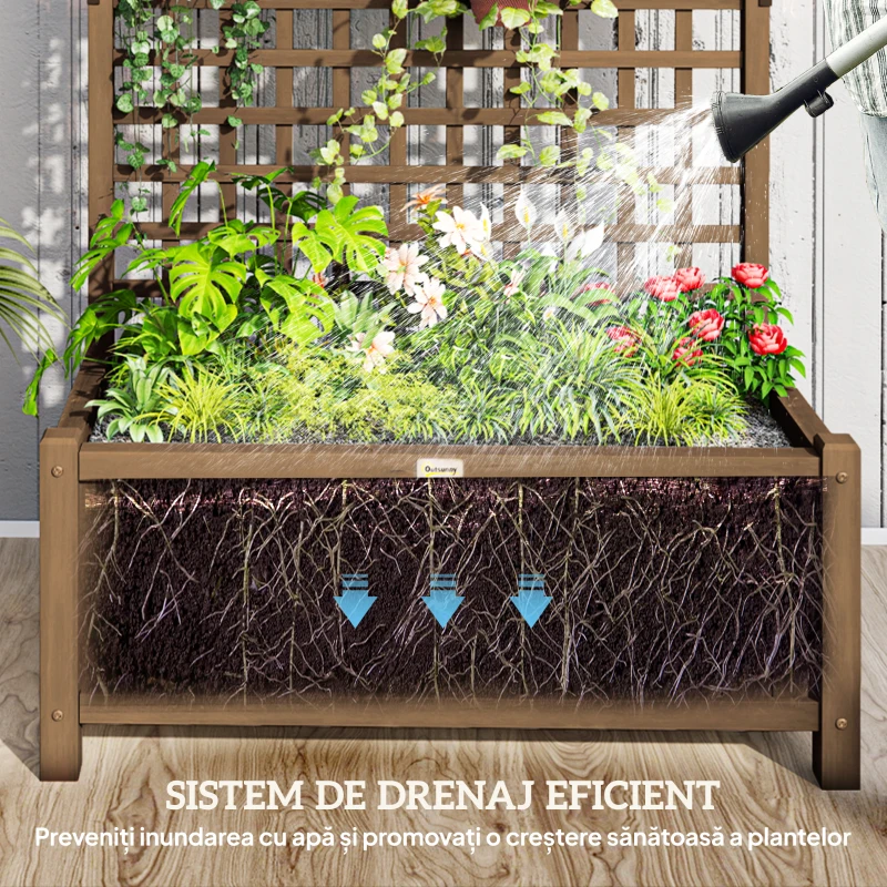Outsunny Jardinieră Ridicată pentru Exterior cu Spalier și Bară Superioară, Jardinieră din Lemn de Brad cu Găuri de Drenaj pentru Flori și Legume, pentru Grădină și Balcon, Cafeniu Întunecat