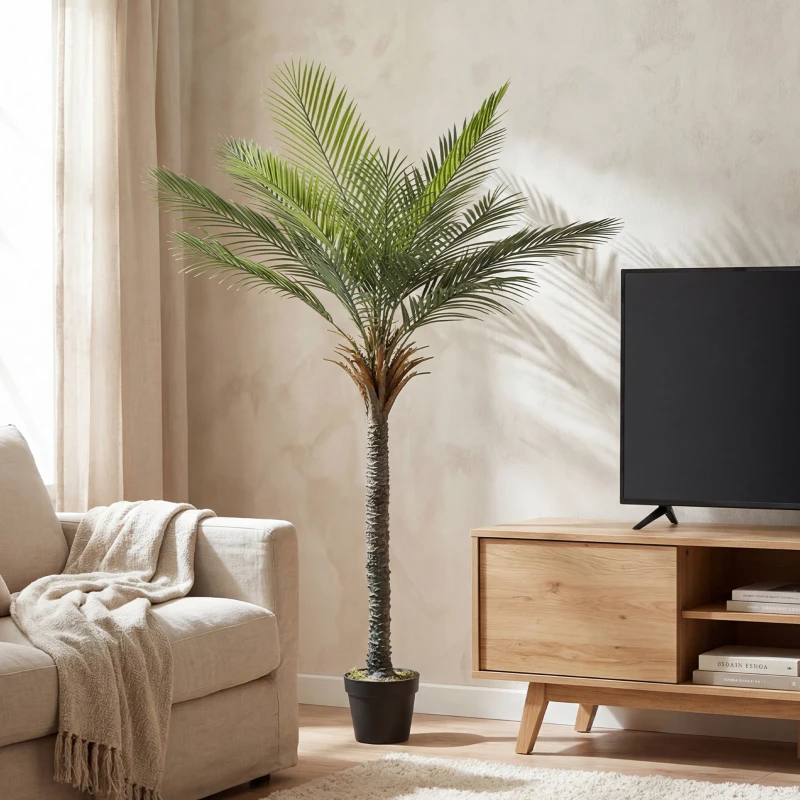 HOMCOM Palmier artificiel 180 cm, plante artificielle tropicale en pot, 15 feuilles réalistes, pour salon, chambre, bureau