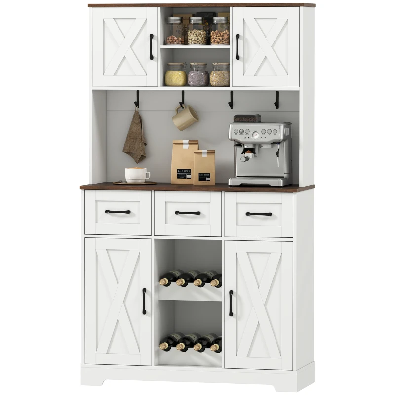 HOMCOM Alacena de Cocina con Botellero para 8 Botellas 4 Puertas 3 Cajones Encimera Amplio 100x38x172 cm Blanco