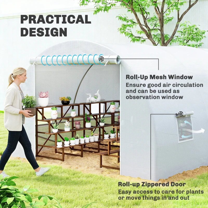 Outsunny 6 x 3 x 2 m Polytunnel Greenhouse, Walk-in Polytunnel Tent with Metal Frame, Zippered Door, and 8 Windows for Garden and Backyard, White
