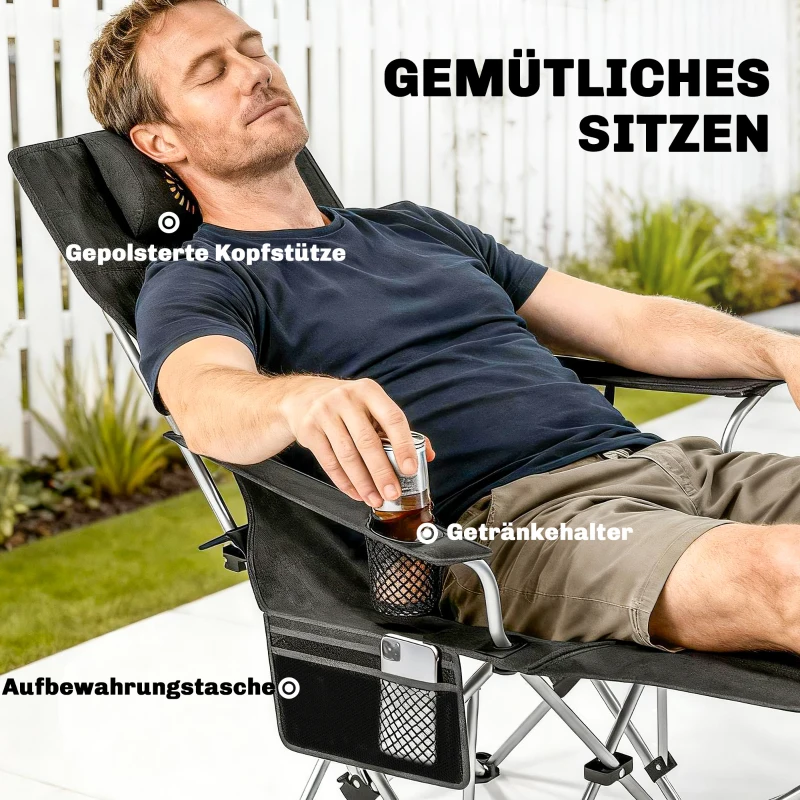 Outsunny 2er Set Campingstuhl faltbar Angelstuhl mit abnehmbar Fußstütze Getränkehalter belastbar 120 kg Schwarz