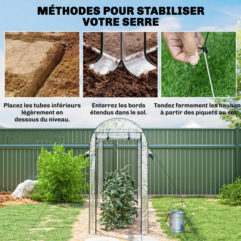 Outsunny Serre tunnel de jardin 3 m², serre de jardin, cadre en acier galvanisé, 8 portes roulantes, 295x100x197cm, transparent