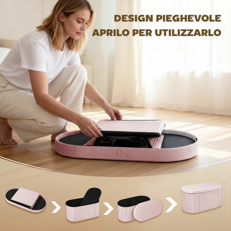 HOMCOM Pouf Contenitore Pieghevole con Vano da 72L e Rivestimento in Velluto, 76x38x35 cm, Rosa