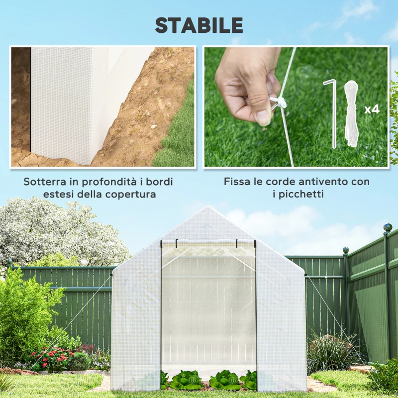 Outsunny Serra a Tunnel 2x3x2 m con Porte e Finestre Avvolgibili e Tetto a Punta, in Acciaio e PE, Bianco