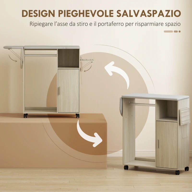 HOMCOM Mobile Asse da Stiro con Piano d'Appoggio Effetto Lino, 3 Ripiani a Cubo e Guida, 127x42.5x99 cm, Multicolore