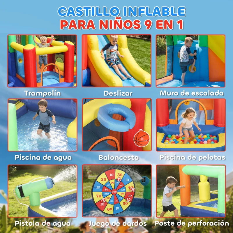 AIYAPLAY Castillo Hinchable Acuático con Soplador 550W 9 en 1 con Tobogán Trampolín Escalada 2 Piscinas Canasta Columna de Boxeo