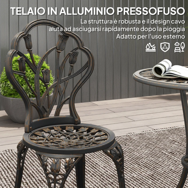 Outsunny Set da Esterno 3 Pezzi con 2 Sedie da Giardino e Tavolo Rotondo con Foro per Ombrellone, Bronzo