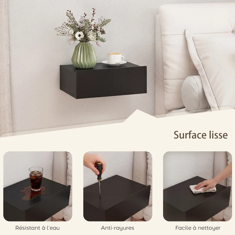 HOMCOM Lot de 2 tables de chevet murales, tables de nuit suspendues avec tiroir coulissant, 40 x 30 x 15 cm, noir