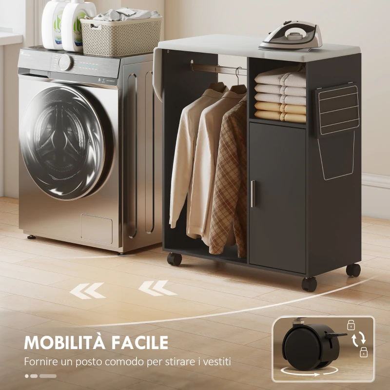 HOMCOM Mobile Asse da Stiro con Piano d'Appoggio Effetto Lino, 3 Ripiani a Cubo e Guida, 127x42.5x99 cm, Nero