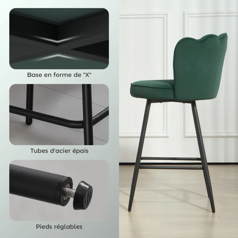 HOMCOM Lot de 2 tabourets de bar, chaises de bar avec dossier et repose-pieds, pieds en acier, 54 x 55 x 97 cm, vert foncé