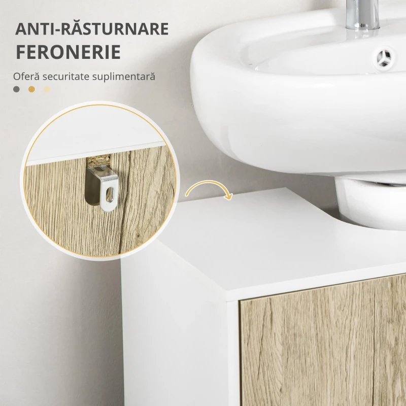 kleankin Dulap de baie modern pentru chiuveta de baie, dulap de depozitare liber cu raft, usi duble, stejar antic, alb