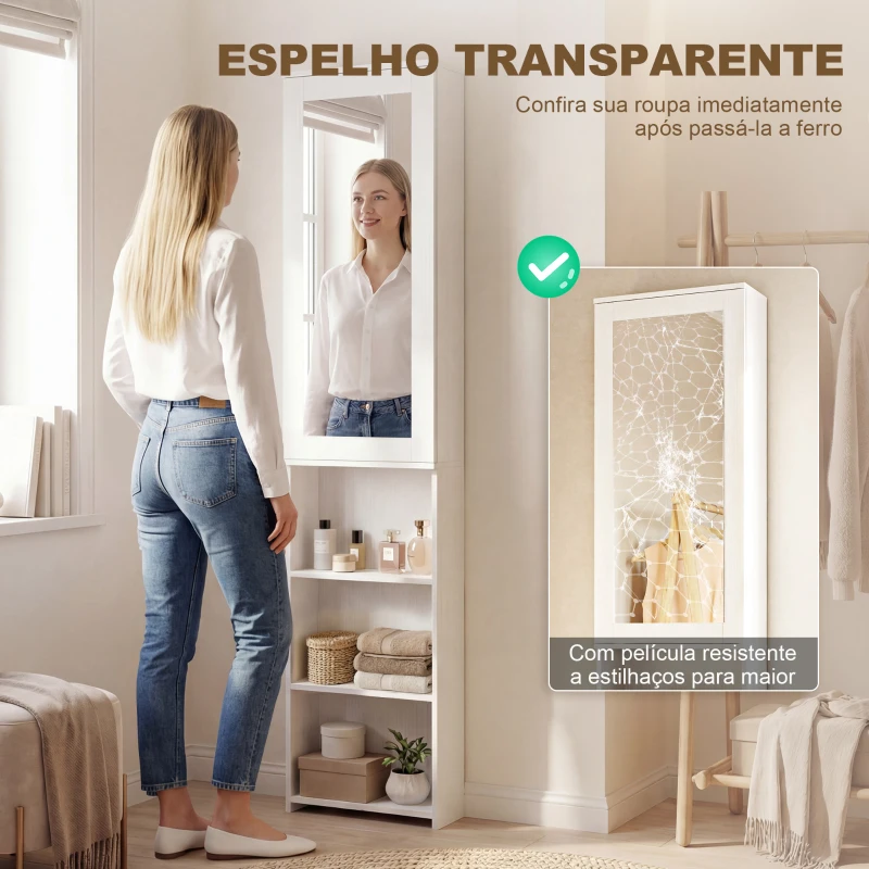 HOMCOM Móvel de Engomar com Espelho Tábua de Engomar Dobrável 6 Compartimentos 2 Ganchos 107x35x174 cm Branco