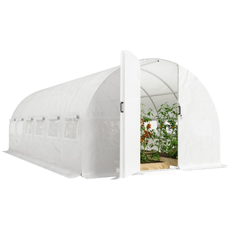 Outsunny Estufa de Túnel 6x3x2 m com Porta de Dobradiças,12 Janelas com Rede e Estrutura de Aço Galvanizado Branco